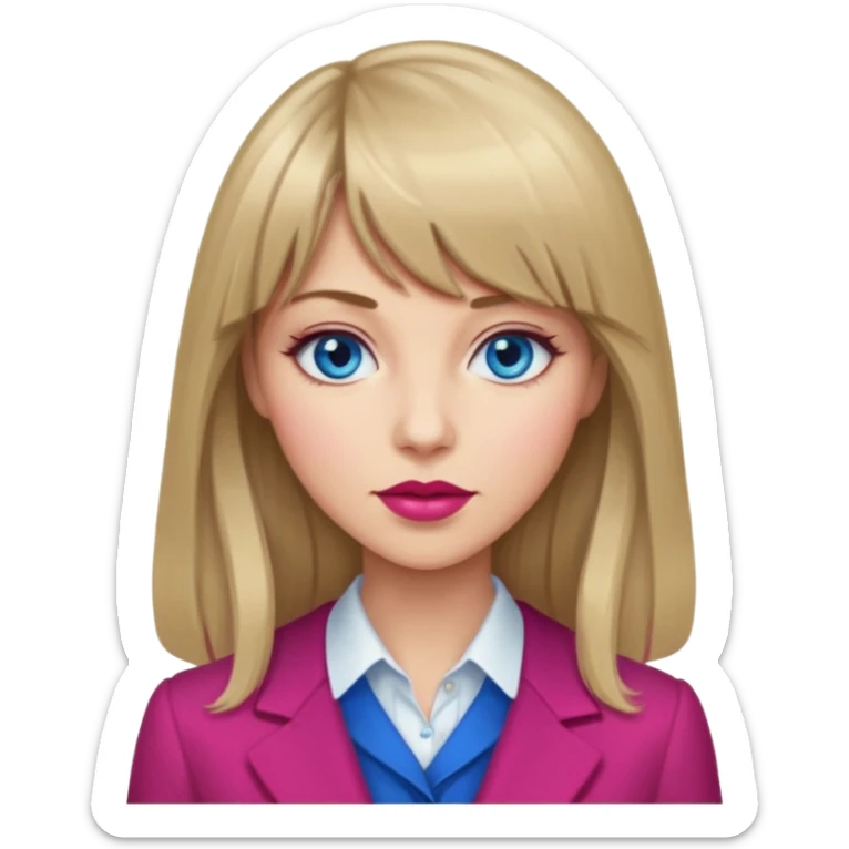 Woman with long dark blond hair and bang, blue eyes, raspberry lip, with classy clothe emoji sticker