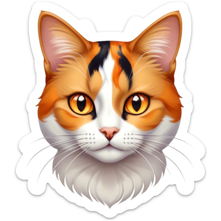 Cinematic Noble Calico Cat Portrait Emoji, Poised and regal, with a striking patchwork coat in vibrant orange, black, and white hues, delicate whiskers and a refined, focused gaze, simplified yet exquisitely detailed, glowing with a soft, moonlit radiance and an air of aristocratic elegance, high shine, exuding dignified intelligence and poised authority, soft glowing outline, capturing the essence of a watchful and noble calico cat that appears ready to grace the screen with effortless majesty! sticker