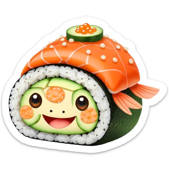 Cute Kawaii California Roll, tiny and round, cute layers of avocado, crab, and cucumber, wrapped in bright orange fish roe, a joyful winking face, tiny sesame seed freckles! sticker