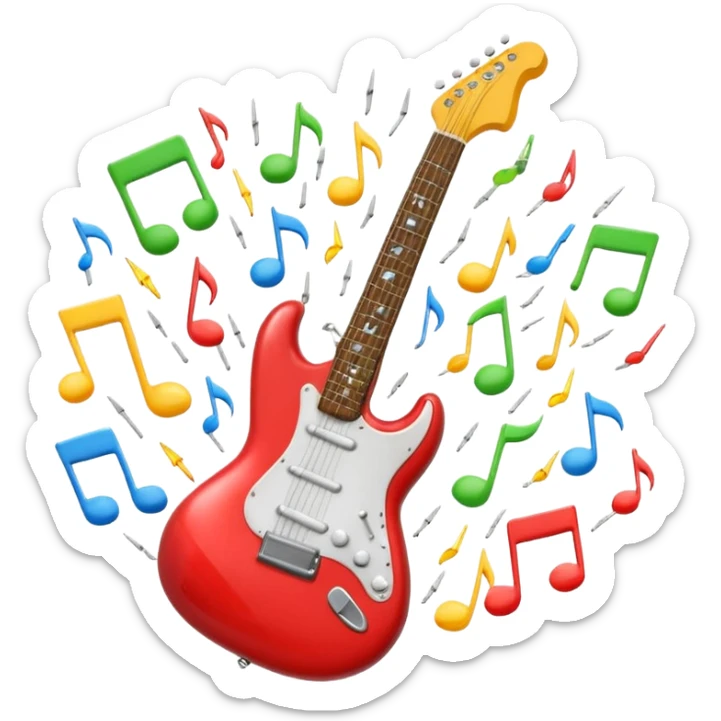 A 3D Apple-style emoji of a bold “ROCK” text written in shiny metallic letters, with an electric guitar leaning on the text, surrounded by small music notes and lightning bolts, energetic and powerful rock music vibe sticker