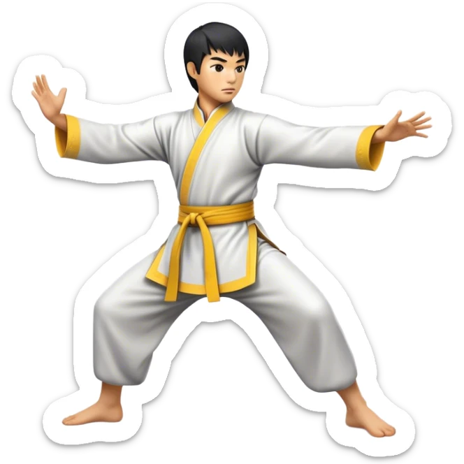 Cinematic Realistic Kung Fu Action Emoji, depicted as an epic martial arts scene with a master executing a precise move in traditional attire, rendered with fluid motion and vibrant textures under dramatic high-contrast lighting. sticker