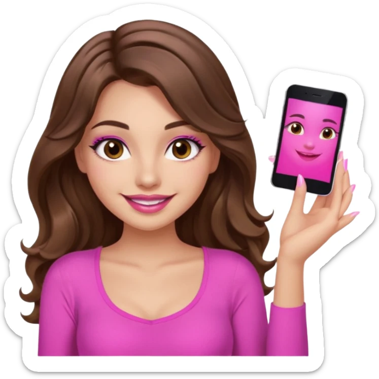 girl with long wavy brown hair, brown eyes, long lashes, sexy pink lips, light to medium complexion, wearing a pink sexy top, smiling, finger tips touching sticker