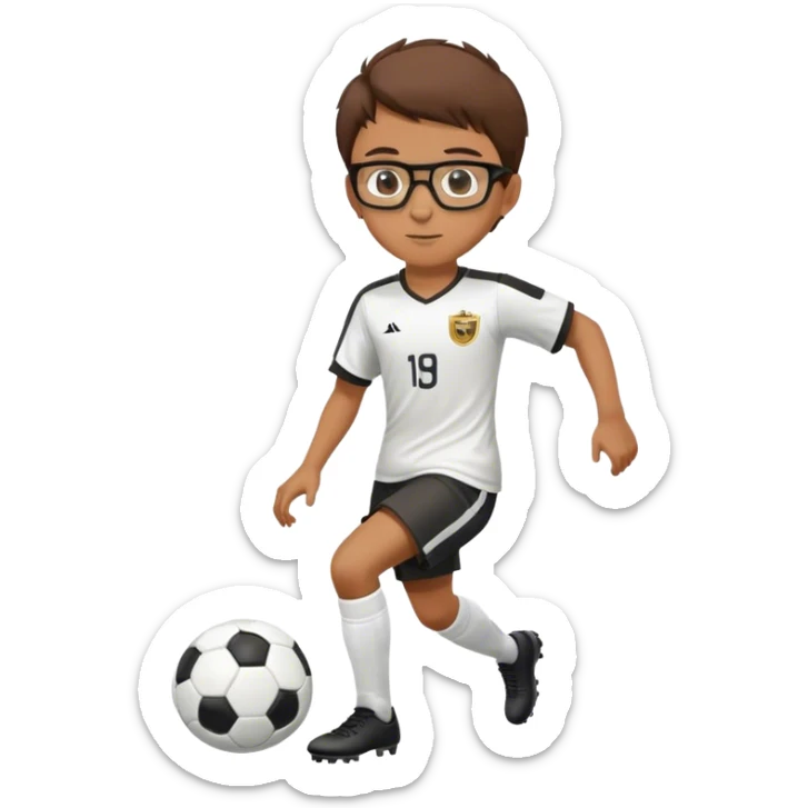 A boy with short brown hair and glasses with soccer kit anf playing soccer sticker