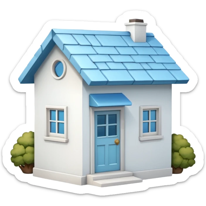 the front view of a mini house with a sky blue roof and white walls (2d) sticker