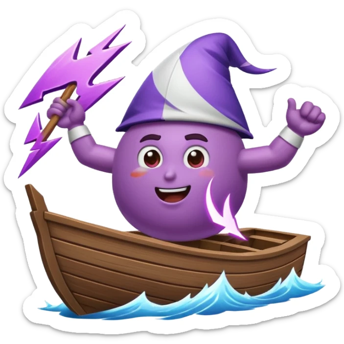 an animated gif emoji of a buff purple lightning bolt sailing away on a boat sticker