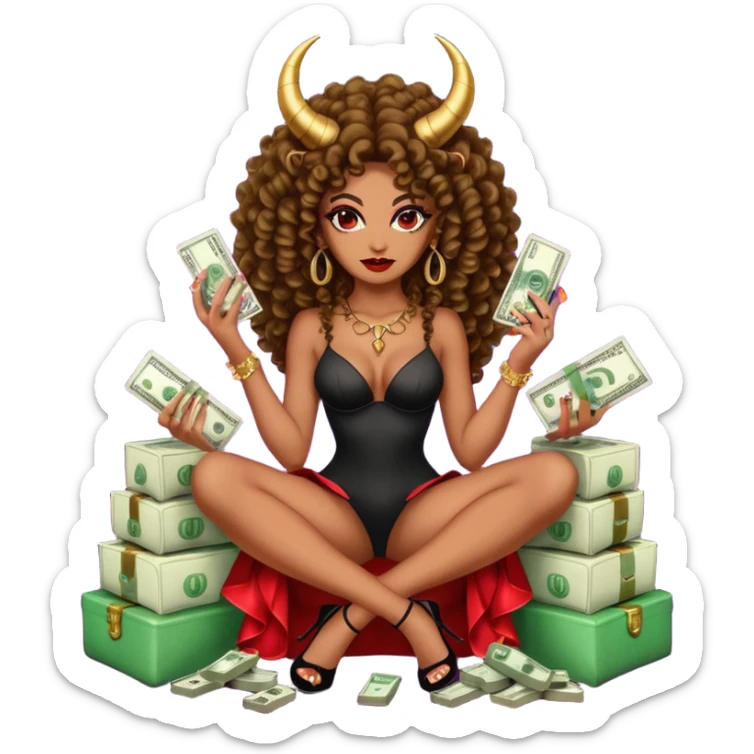 seductress evil brown curly haired sexy drug lord woman with  glitter platform high heels on her feet,  and devil black horns on her head, holding a stack of cash, has a phone in other hand. Sitting on  Cases of drugs. Goddess evil sticker