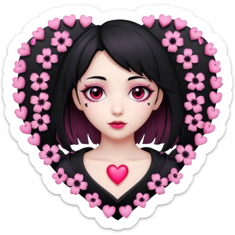 goth sakura heart, heart made of black sakura petals with pink accents sticker