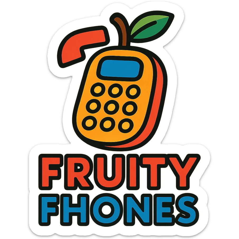 logo for Fruity Fhones, playful, colorful, features a phone shaped like a fruit, suitable for a kids' starter phone brand sticker