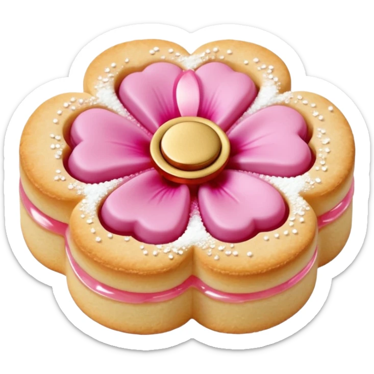 Realistic shortbread cookie in the shape of a camilia flower with pastel pink color jelly middle filling andkled powder sugar on top.emoj sprini sticker