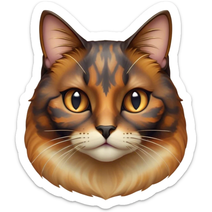Cinematic Noble Tortoiseshell Cat Portrait Emoji, Poised and dignified, showcasing a luxurious, mottled fur of rich browns and blacks, with elegantly arched whiskers and a determined yet gentle expression, simplified yet meticulously detailed, glowing with a subtle, regal radiance, high shine, embodying quiet nobility and refined charm, soft glowing outline, capturing the essence of a sophisticated tortoiseshell cat exuding quiet authority! sticker