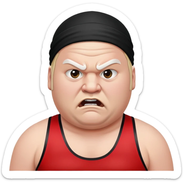 Close-up of white skin fat guy with prominent black durag, completely shaved face, no beard or mustache, black eyes in a red and black wrestling singlet with angry face sticker