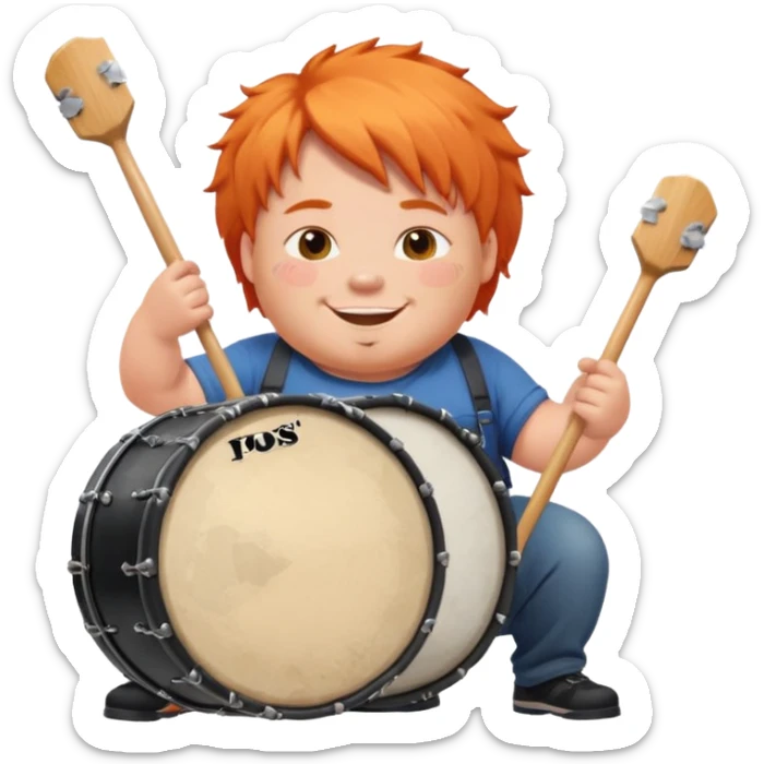 A chubby orange hair fan pounding a bass drum, cheeks puffing with energy with paints on his cheeks sticker