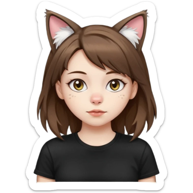 a girl with pale skin, medium length brown hair with lots of dandruff , cat ears and a tail, with a black t-shirt on sticker