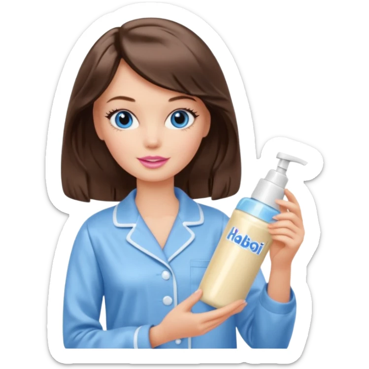 Barbie girl with makeup, blue eyes , and bob long haircut wavy, short brown hair in creamy color pajamas, face cream in hand sticker