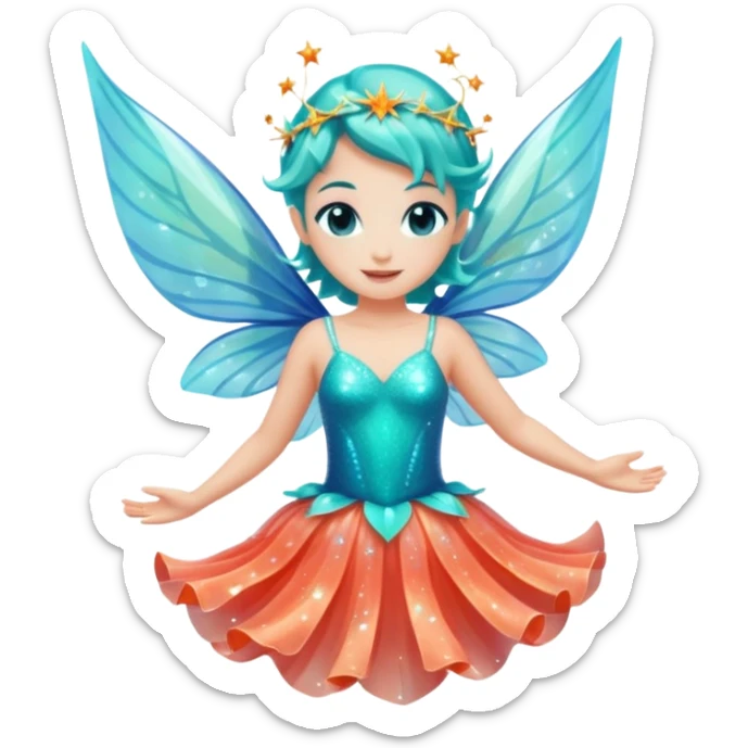 portrait of a small ocean fairy with translucent fins for wings, turquoise skin, coral-like dress, floating above water with sparkles around, joyful pose, front-facing, magical vibe sticker