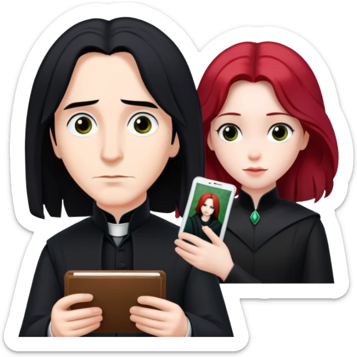 Severus Snape with black hair looking at a photo of Lily with red hair sticker