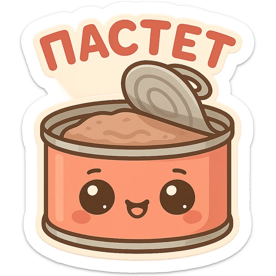 A cute tin can of pâté with big expressive cartoon eyes, smiling and happy face, kawaii style, pastel colors, soft shading, simple background, adorable character design, high quality illustration, playful and funny mood, text on top saying "ПАСТЕТ" in bold cute Cyrillic letters sticker