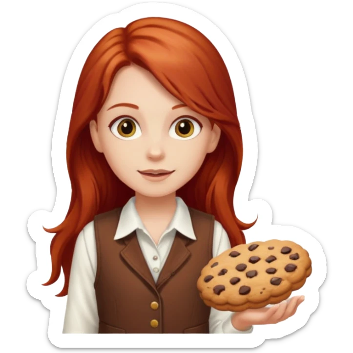 white girl scout with red long hair selling cookies with a brown vest and white shirt under vest. She should be around 10 years old sticker