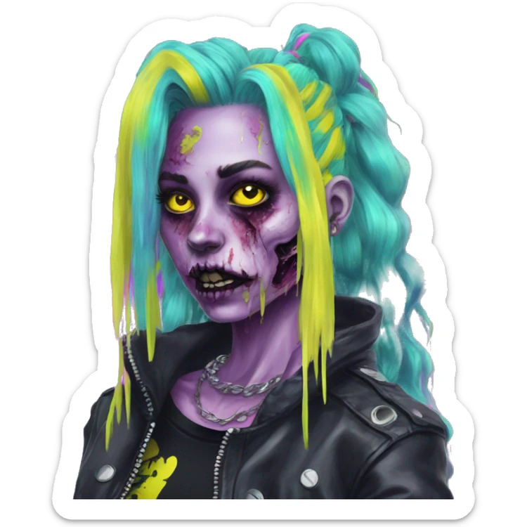 .Zombie_ wearing punk clothes Vaporwave black holographic oilslick zombie unicorn yellow caution tape sticker