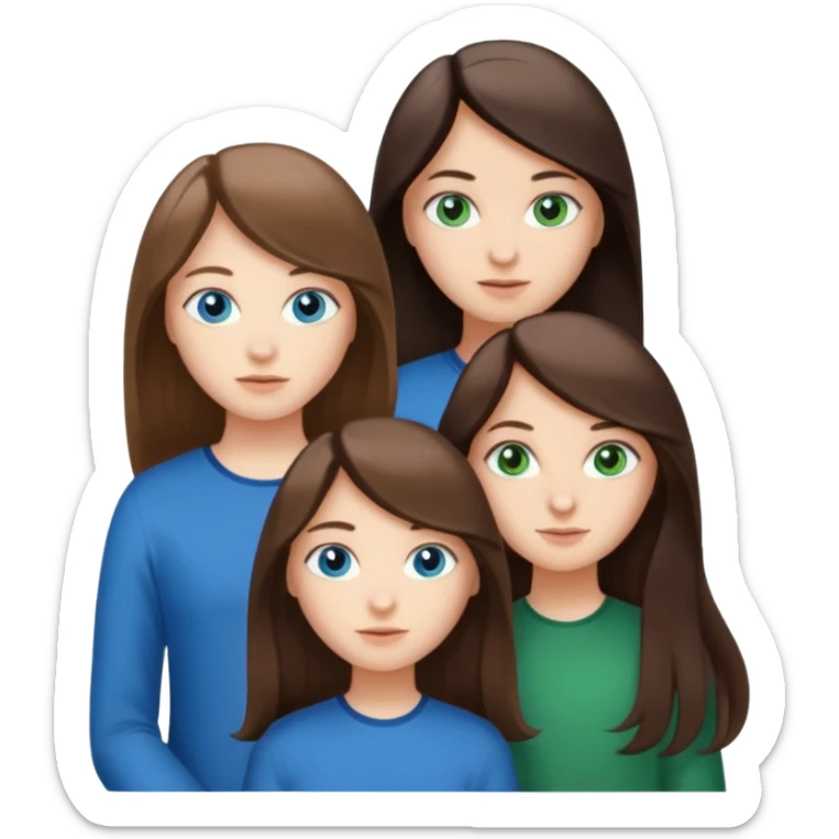 Three people total: Two girls brunette one with straight long hair and blue eyes one with curled hair middle length and green eyes and the other a boy lighter brown with blue eyes  sticker