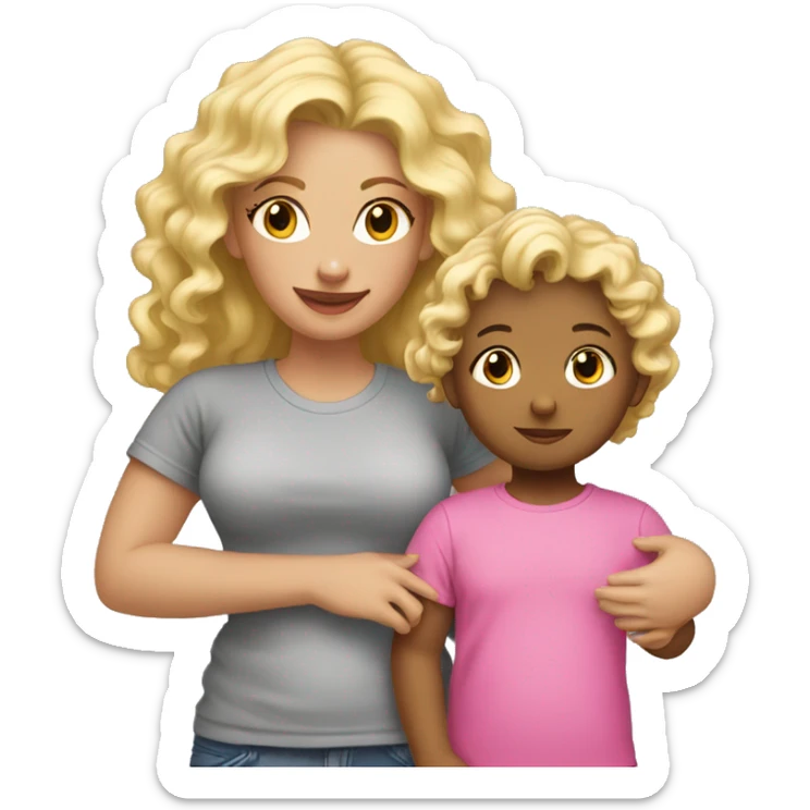 girl with blond hair and pink t-shirt holding baby with curly blond hair in grey t-shirt sticker