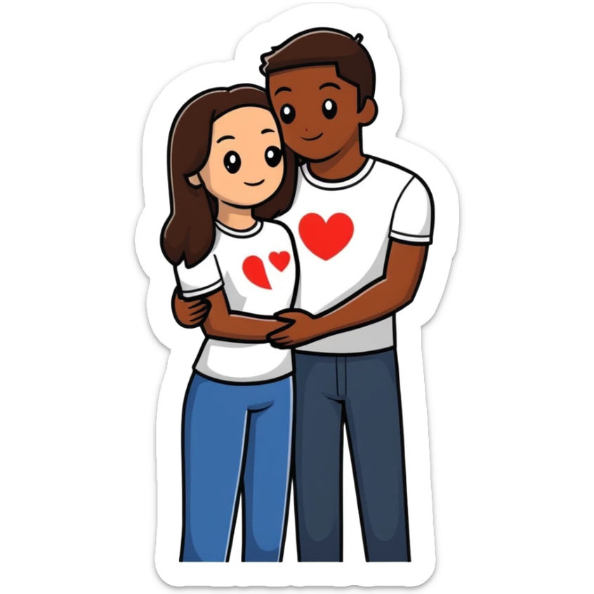 A couple embracing, man with mestizo brown skin and slightly long straight dark brown hair, woman with fair skin and long dark brown hair, with white hearts around them sticker