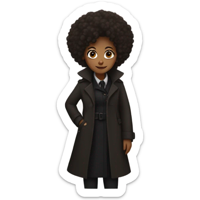 Miss Sherlock as a brown-skinned woman with an afro, wearing a black trench coat sticker