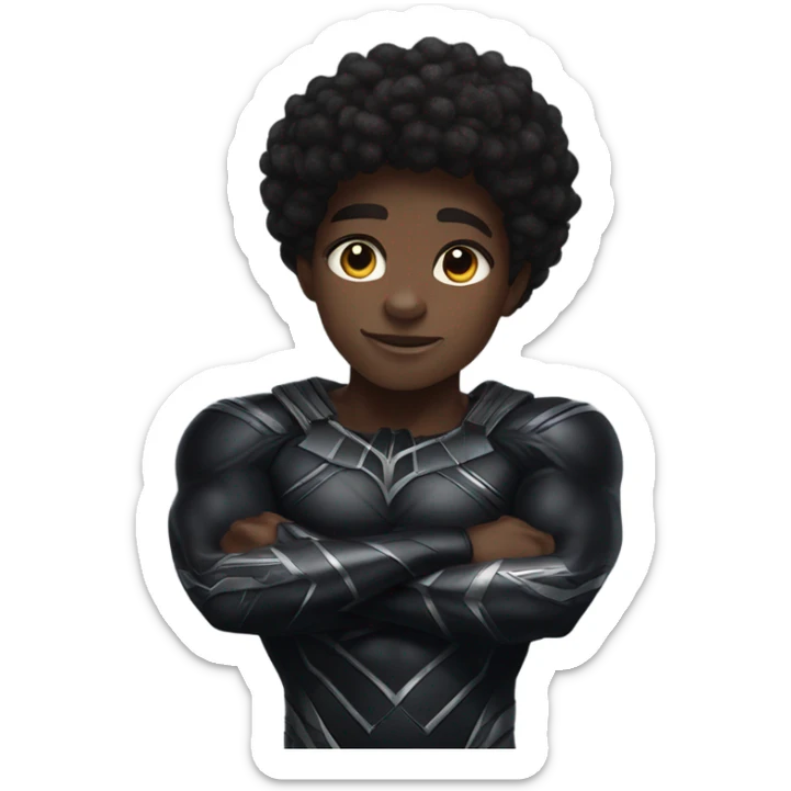Muscular Afro teenage boy in a black panther superhero costume standing on a spaceship. sticker