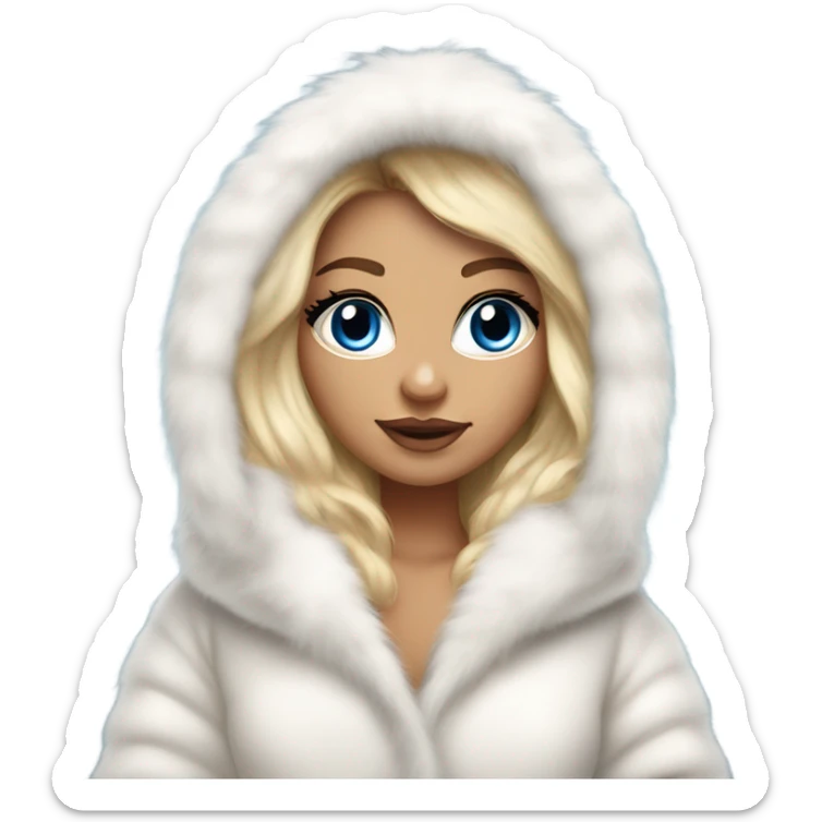 Tanned Girl with lashes and blue eyes, blonde hair, in a extremely big fluffy oversized white fur coat with hood on. The fur is real and it’s very obvious big and fluffy  sticker