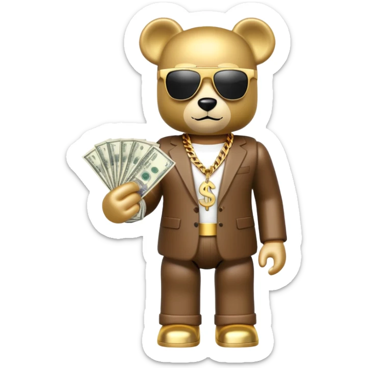 hustler bearbrick toy figure wearing gold chain, sunglasses and money sticker