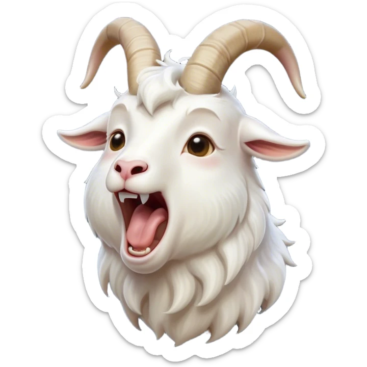 Cinematic Cute Yawning White Goat Portrait Emoji, Head tilted slightly with a dramatic, wide-open yawn, showcasing a soft, downy white fur with delicate horns and gently drooping ears, round eyes barely open in drowsy contentment, Simplified yet irresistibly adorable features, highly detailed, glowing with a soft, cozy glow, high shine, relaxed yet expressive, stylized with a touch of whimsy, bright and endearing, soft glowing outline, capturing the essence of a sleepy yet affectionate goat, so drowsy it feels like it could stretch out of the screen and curl up for a nap! sticker
