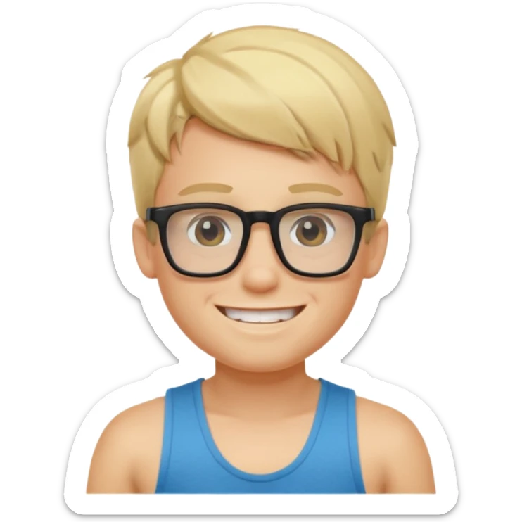 portrait of boy, wearing a tank top, square glasses, grinning face, blond hair sticker