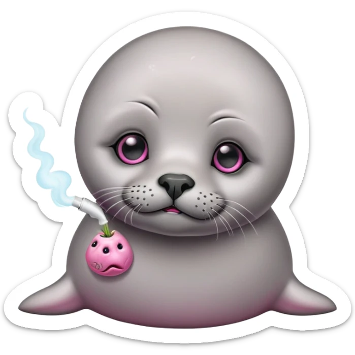 Grey slim baby seal Smoking cannabis weeds with pink eye looks tired sticker