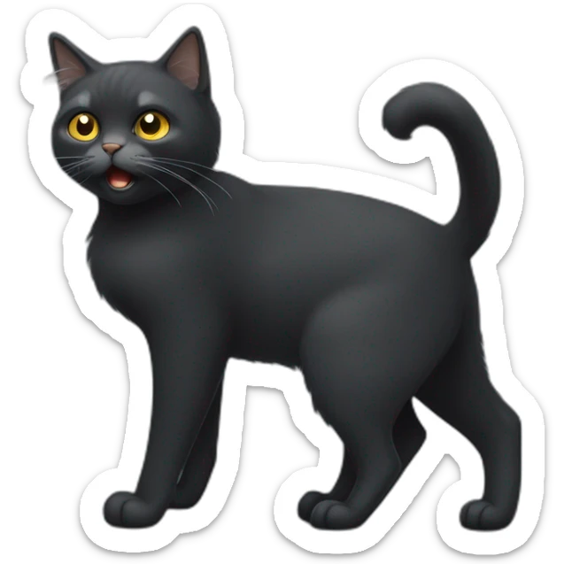 Full body Fat Russian black grey cat with golden eyes and a white lock of hair on his chest,  of hasitting and meowing  sticker