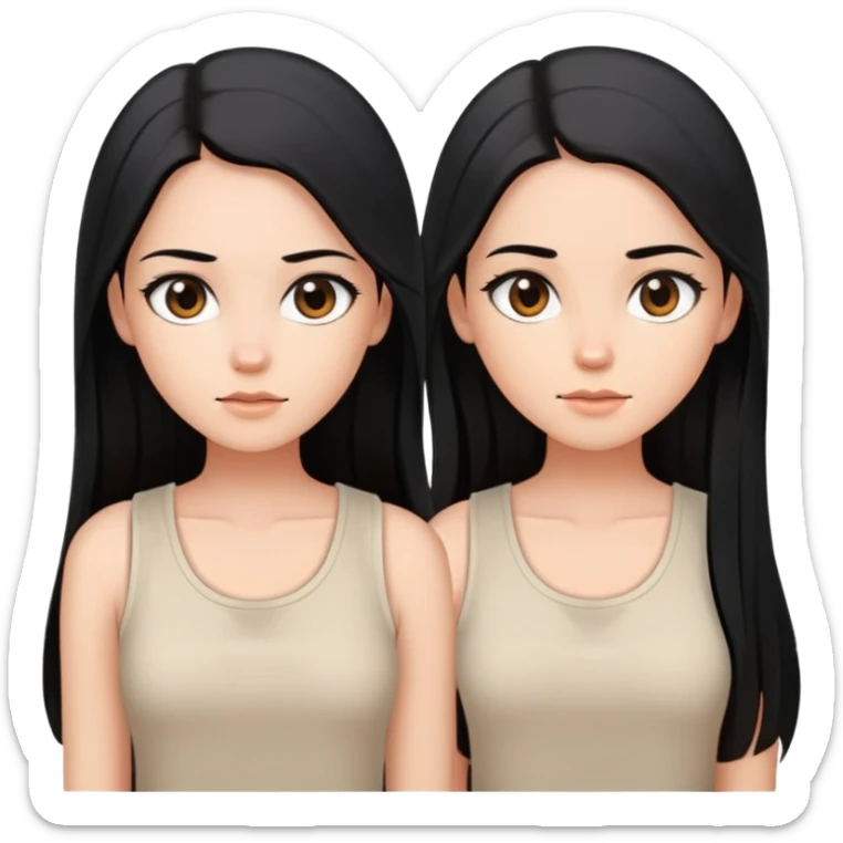 Female with straight long black hair parted in middle, beige skin, big brown eyes, natural makeup, white sleeveless top sticker