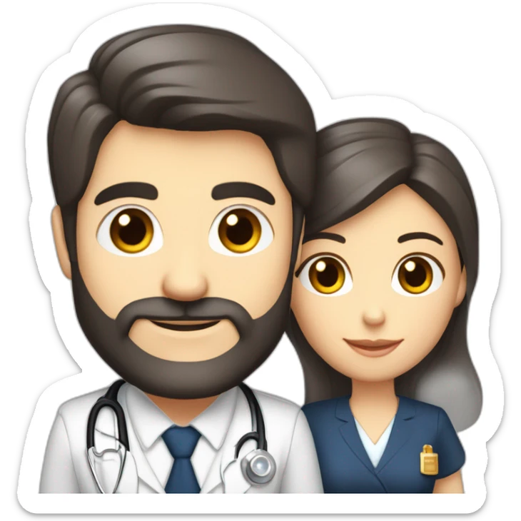 husband classy caucasian executive 55 dark hair trimmed beard wearing business suit holding bible, with wife asian age 55 dark hair wearing nurse uniform sticker