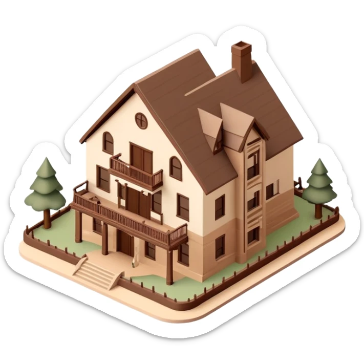 Isometric exterior brown and beige Zion National parks hotel lodge, dollhouse style 3D realistic  sticker