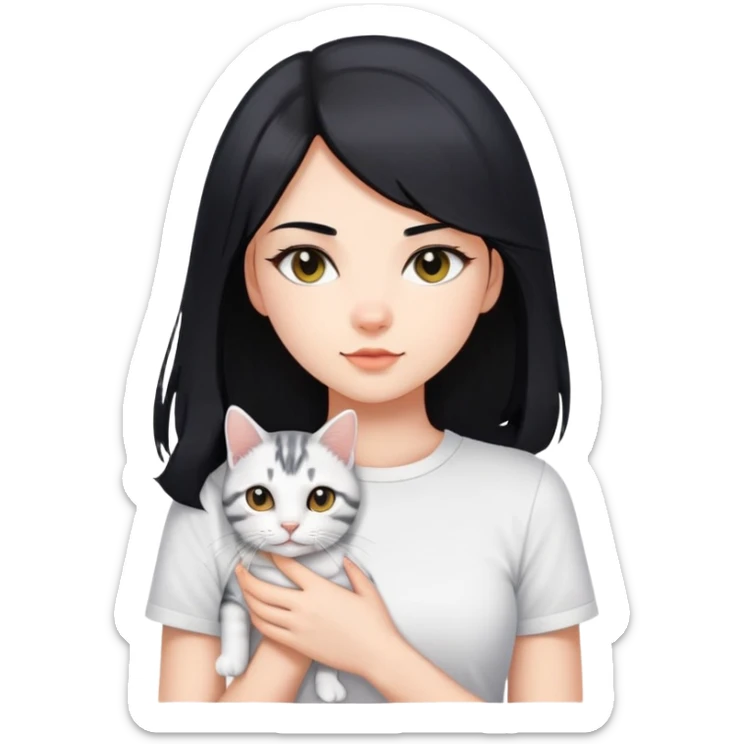 Long black hair beautiful girl wearing a white short-sleeved shirt tightly holding an American shorthair sticker