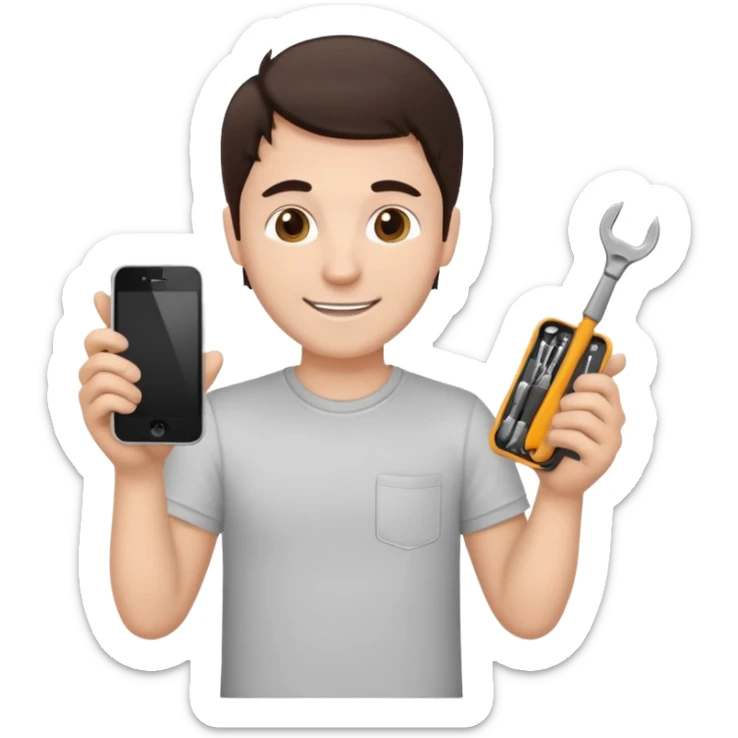 make a white guy with dark brown hair, with a simple white o grey shirt, repairing an iphone happy, tecnician with tools sticker