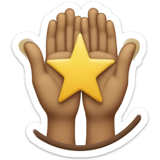 Yellow circle with brown star in center and feet emoji on top with hands on bottom on each side of circle sticker