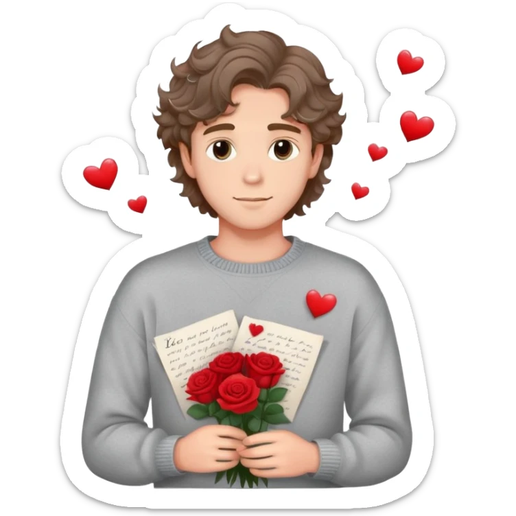 Pretty romantic boyfriend with soft eyes and wavy hair, holding roses and love letters, heart sparkles around him, wearing cozy sweater, dreamy  sticker