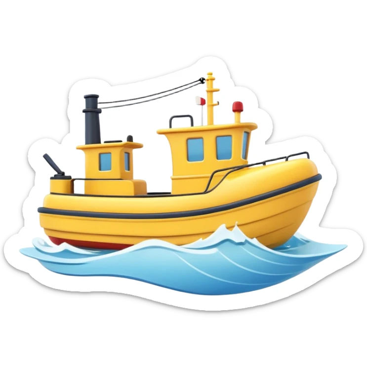 A 3D cartoon tugboat towing another boat on calm blue water, soft waves, clear sky, Memoji-style. sticker