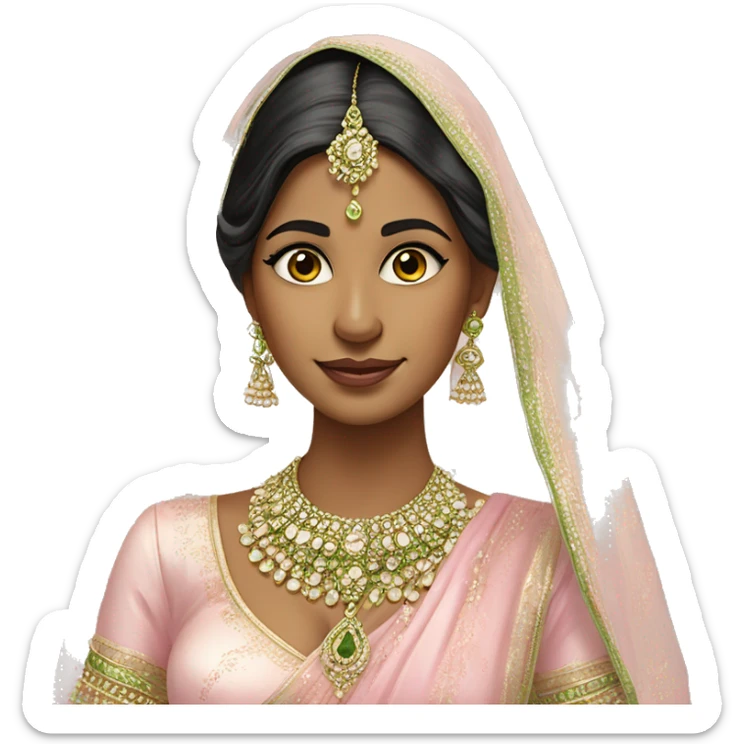 indian bride in baby pink outfit and pistachio green jewellery she also has a beauty mark on the lower right cheek near her lips sticker