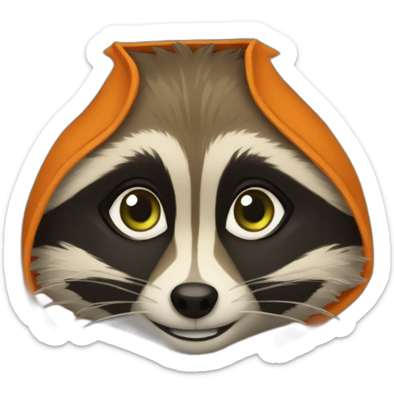 brown raccoon with orange eyes and a dark green hood that is smiling sticker