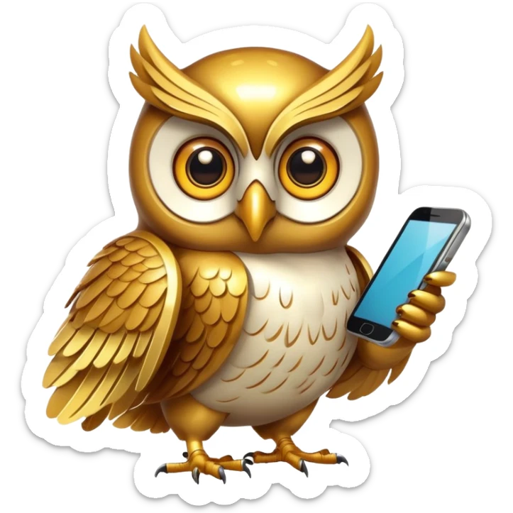golden owl with shiny feathers. Holds a phone in the wing sticker