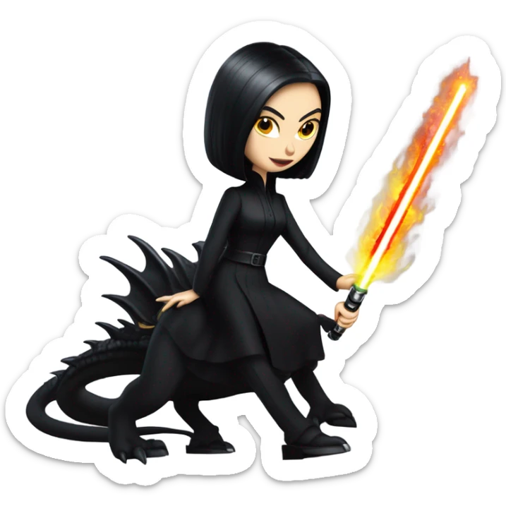  beautifully dressed teen Morticia Addams Jedi riding on the back of a very large black shiny evil-looking fire-spewing dragon. proper scale sticker