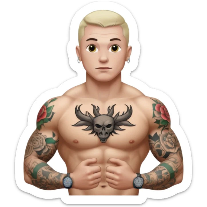 tattoo man, white skintone, more highlight the tattoo, body builder, tatto on chest, more tattoos. sticker