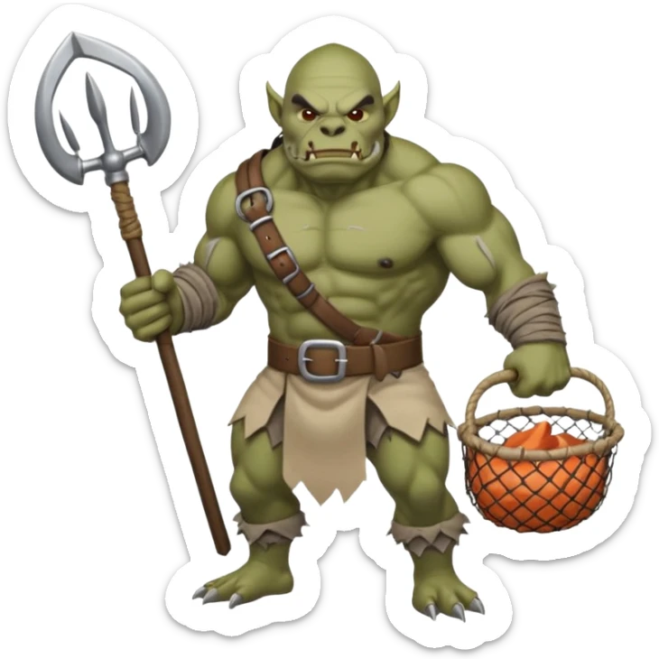 orc male Belt of defeated "Pesky Sand Crab" claws, flexing with a net full of loot. sticker
