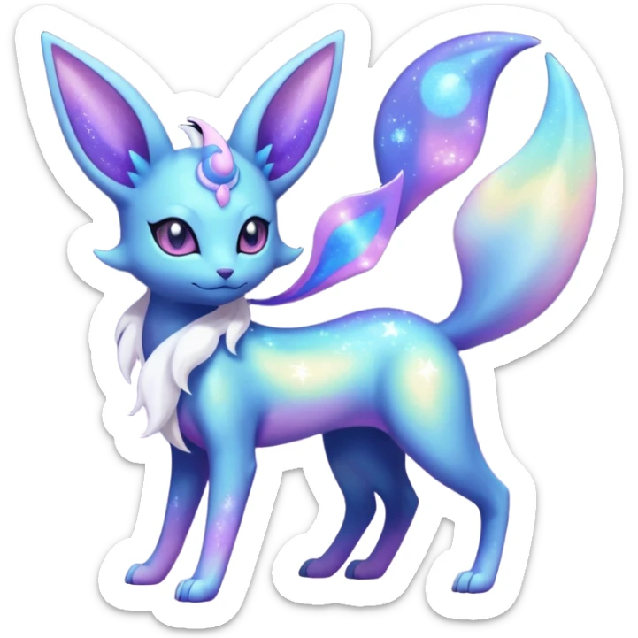 Shiny Iridescent Nebulae Espeon-Umbreon-Sylveon-Dragonair-Fakémon-hybrid-creature (full body)  with a galaxy-dust-flowing-gradient-tail sticker