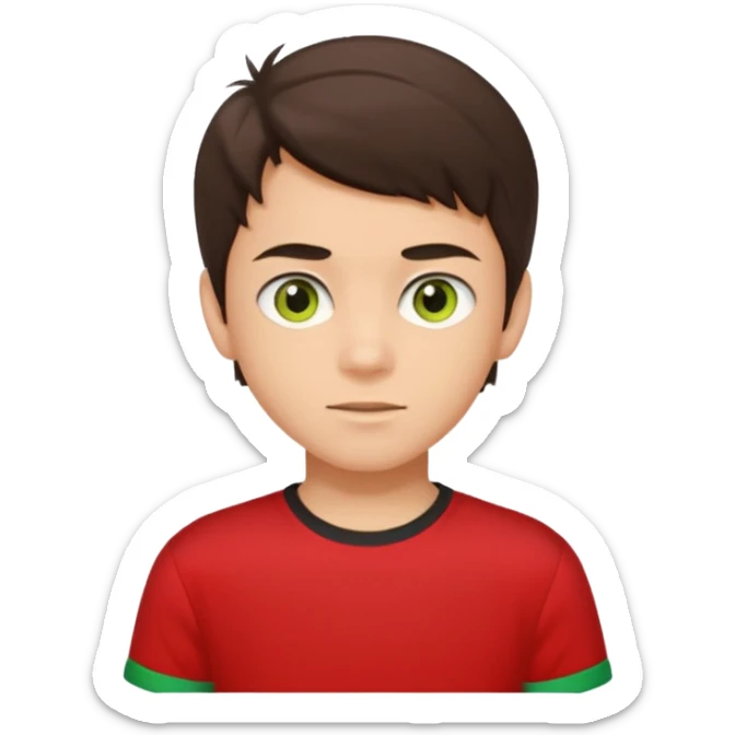 A portrait of a 14-year-old boy, he's got dark-brown hair, light brownish skin and green hazel eyes. he's wearing a red t-sirt with yellow sleeves. sticker